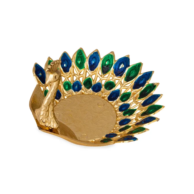 Peacock Gold Polish Pooja Tray - 3.5 x 3.5 Inches